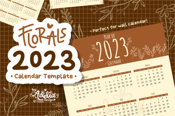 2023 Floral Calendar Template in Brown
