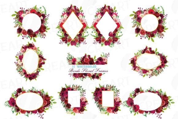 Boho Bordo Floral Frames Watercolor Art