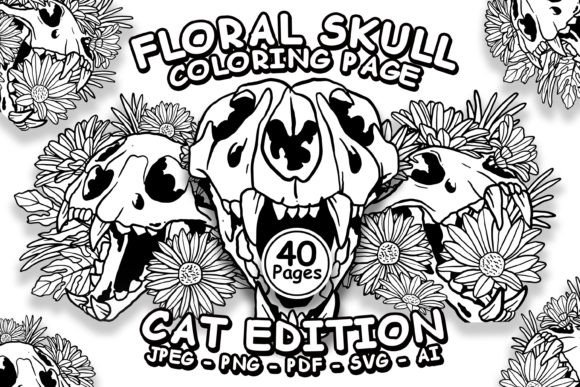 Floral Skull Coloring Page Cat Edition