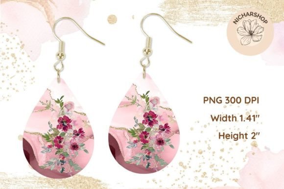 Pink Agate Floral Teardrop Earring